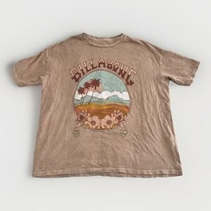 Billabong Women's Tan Graphic Tee Shirt Medium Oversized 100% Cotton Beach Comfy